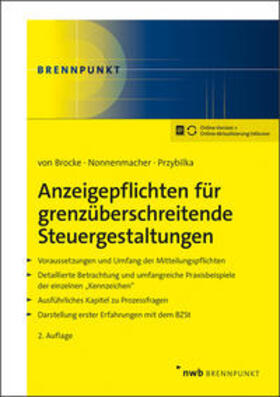 Brocke / Nonnenmacher / Przybilka |  Anzeigepflichten für grenzüberschreitende Steuergestaltungen - Mängelexemplar, kann leichte Gebrauchsspuren aufweisen. Sonderangebot ohne Rückgaberecht. Nur so lange der Vorrat reicht. | Buch |  Sack Fachmedien