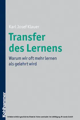 Klauer |  Transfer des Lernens | eBook | Sack Fachmedien