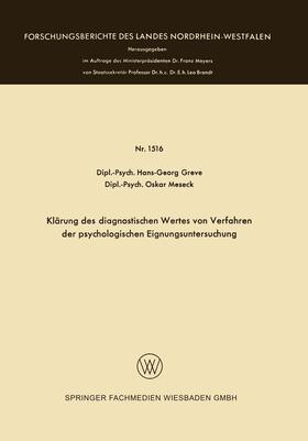 Meseck / Greve |  Klärung des diagnostischen Wertes von Verfahren der psychologischen Eignungsuntersuchung | Buch |  Sack Fachmedien