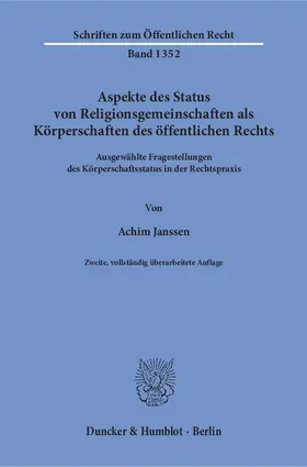 Janssen |  Aspekte des Status von Religionsgemeinschaften als Körperschaften des öffentlichen Rechts. | Buch |  Sack Fachmedien