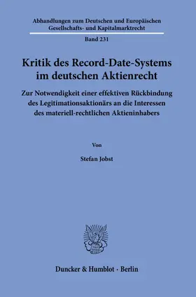 Jobst |  Kritik des Record-Date-Systems im deutschen Aktienrecht. | eBook | Sack Fachmedien