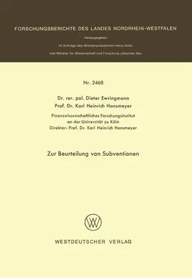 Ewringmann |  Zur Beurteilung von Subventionen | Buch |  Sack Fachmedien