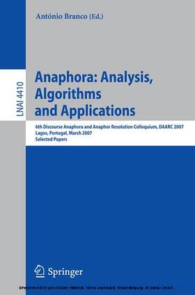 Branco |  Anaphora: Analysis, Algorithms and Applications | eBook | Sack Fachmedien