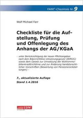 Farr |  Checkliste 9 für die Aufstellung, Prüfung und Offenlegung des Anhangs der AG/KGaA | Buch |  Sack Fachmedien