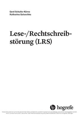 Schulte-Körne / Galuschka |  Lese-/Rechtschreibstörung (LRS) | eBook | Sack Fachmedien